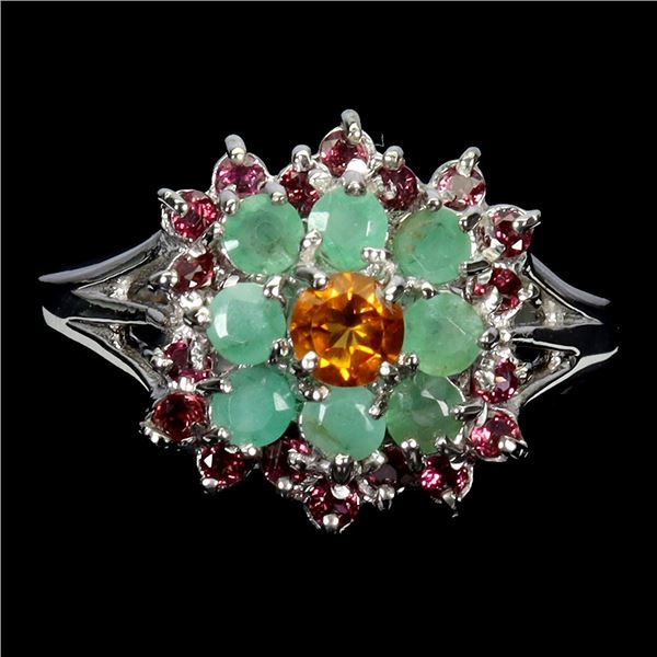 EMERALD, CITRINE AND RHODOLITE GARNET RING IN 14K WHITE PLATED GOLD OVER 925 STERLING SILVER - SIZE 