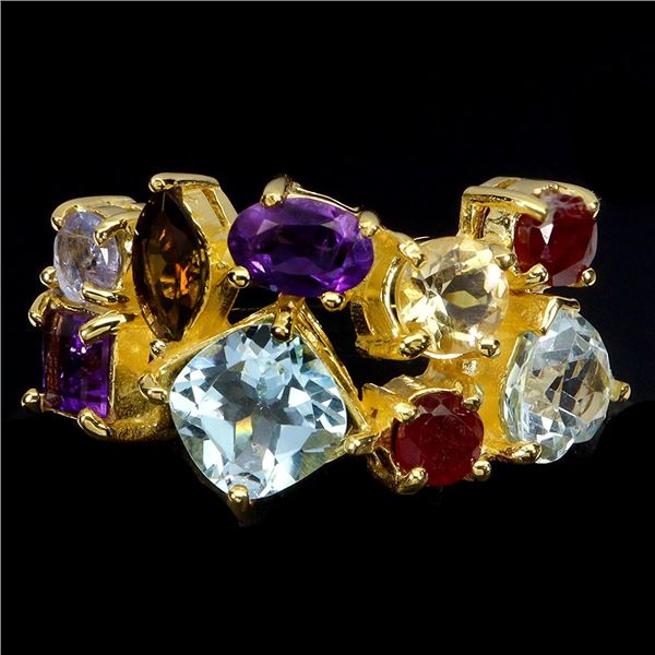 RUBY, TOPAZ, AMETHYST, CITRINE RING IN 14K YELLOW PLATED GOLD OVER 925 STERLING SILVER - SIZE 7 - AP