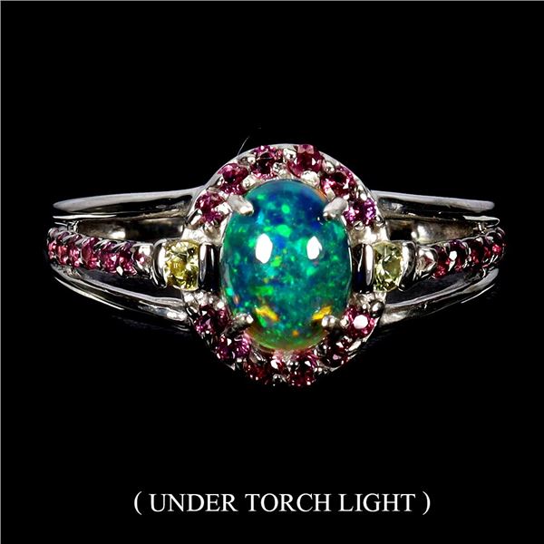 BLACK OPAL AND SAPPHIRE RING IN 14K WHITE PLATED GOLD OVER 925 STERLING SILVER - SIZE 9 - APPRAISED 