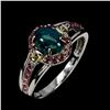 Image 2 : BLACK OPAL AND SAPPHIRE RING IN 14K WHITE PLATED GOLD OVER 925 STERLING SILVER - SIZE 9 - APPRAISED 