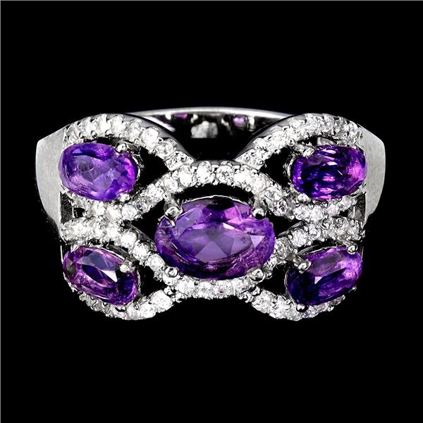 AMETHYST RING IN 14K WHITE PLATED GOLD OVER 925 STERLING SILVER - SIZE 8 - APPRAISED REPLACEMENT VAL