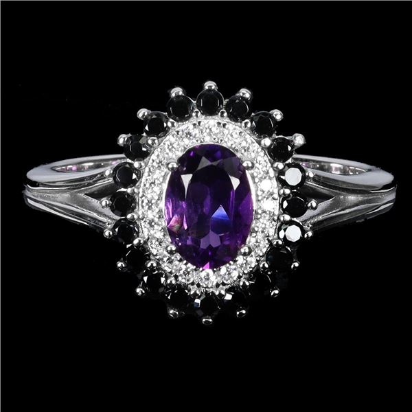 AMETHYST AND BLACK SPINEL RING IN 14K WHITE PLATED GOLD OVER 925 STERLING SILVER - SIZE 8 - APPRAISE