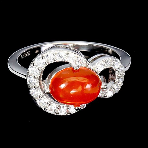 ORANGE FIRE OPAL RING IN 14K WHITE PLATED GOLD OVER 925 STERLING SILVER - SIZE 6