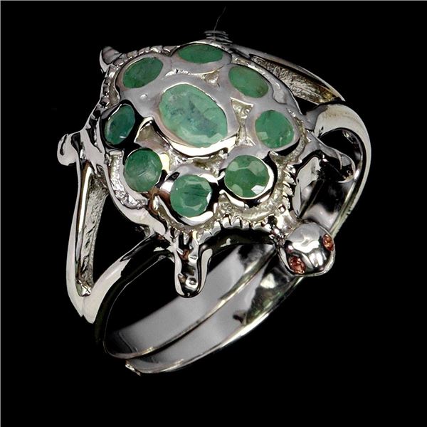 EMERALD TURTLE SHAPED RING IN 14K WHITE PLATED GOLD OVER 925 STERLING SILVER - SIZE 9 - APPRAISED RE