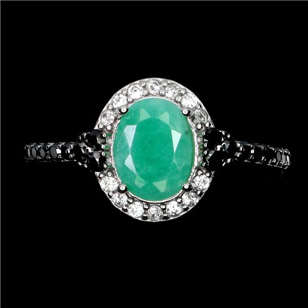 EMERAL AND BLACK SPINEL IN 14K WHITE PLATED GOLD OVER 925 STERLING SILVER - SIZE 7 - APPRAISED REPLA