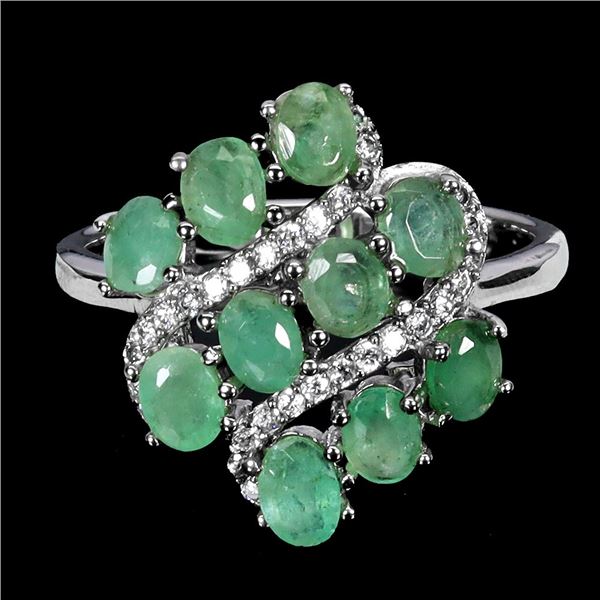 EMERALD RING IN 14K WHITE PLATED GOLD OVER 925 STERLING SILVER - SIZE 8 - APPRAISED REPLACEMENT VALU