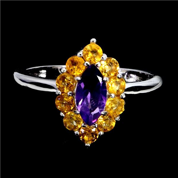 AMETHYST AND CITRINE RING IN 14K WHITE PLATED GOLD OVER 925 STERLING SILVER - SIZE 8 - APPRAISED REP