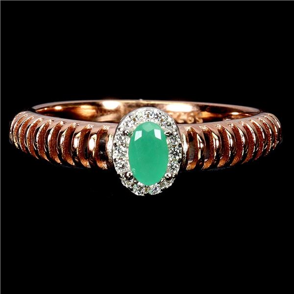 OVAL CUT EMERAL RING IN 14K ROSE PLATED GOLD OVER 925 STERLING SILVER -SIZE 8 APPRAISED REPLACEMENT 