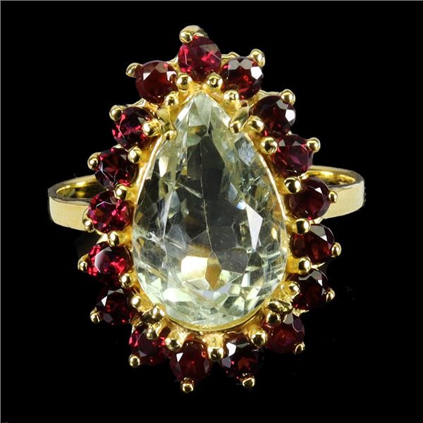 BIG PRASIOLITE (GREEN AMETHYST) RING IN 14K WHITE PLATED GOLD OVER 925 STERLING SILVER -SIZE 8 - APP