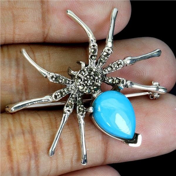 TURQUOISE BROOCH IN 14K WHITE PLATED GOLD OVER 925 STERLING SILVER - APPRAISED REPLACEMENT VALUE