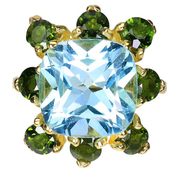 BIG SKY BLUE TOPAZ AND GREEN SAPPHIRE RING IN 14K YWLLOW PLATED GOLD OVER 925 STERLING SILVER - SIZE