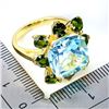 Image 3 : BIG SKY BLUE TOPAZ AND GREEN SAPPHIRE RING IN 14K YWLLOW PLATED GOLD OVER 925 STERLING SILVER - SIZE