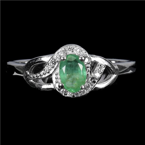 EMERALD RING IN 14K WHITE PLATED GOLD OVER 925 STERLING SILVER - SIZE 8 - APPRAISED REPLACEMENT VALU