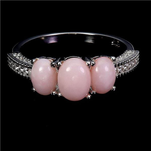 PINK OPAL RING IN 14K WHITE PLATED GOLD OVER 925 STERLING SILVER - SIZE 6 - APPRAISED REPLACEMENT VA