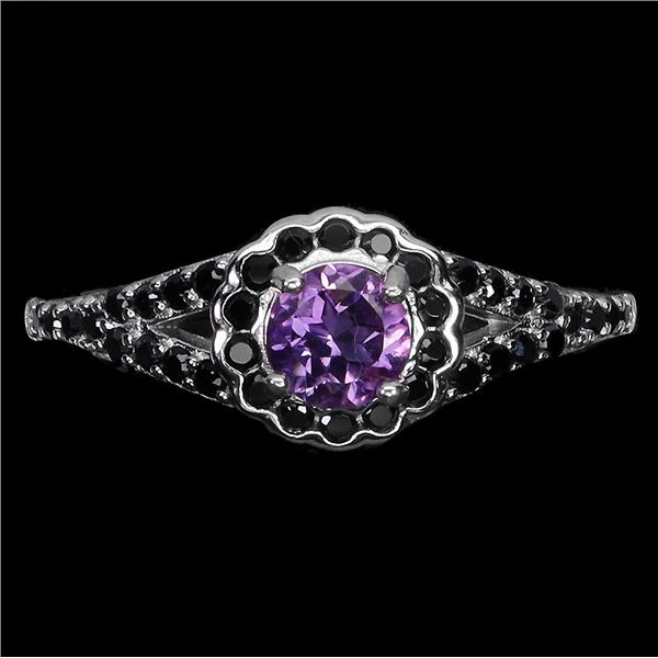 AMETHYST AND BLACK SPINEL RING IN 14K WHITE PLATED GOLD OVER 925 STERLING SILVER - - SIZE 8 - APPRAI