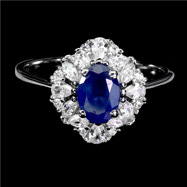 BLUE SAPPHIRE RING IN 14K WHITE PLATED GOLD OVER 925 STERLING SILVER - SIZE 8 - APPRAISED REPLACEMEN