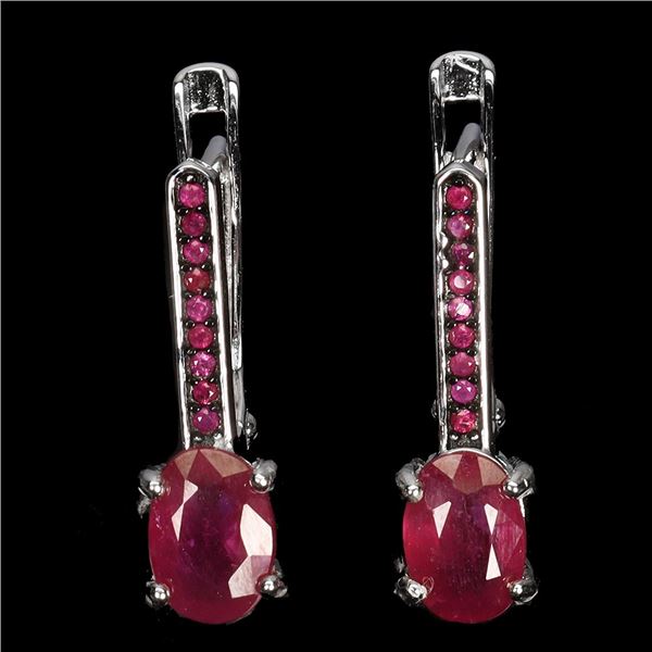 RUBY EARRINGS IN 14K WHITE PLATED GOLD OVER 925 STERLING SILVER - APPRAISED REPLACEMENT VALUE