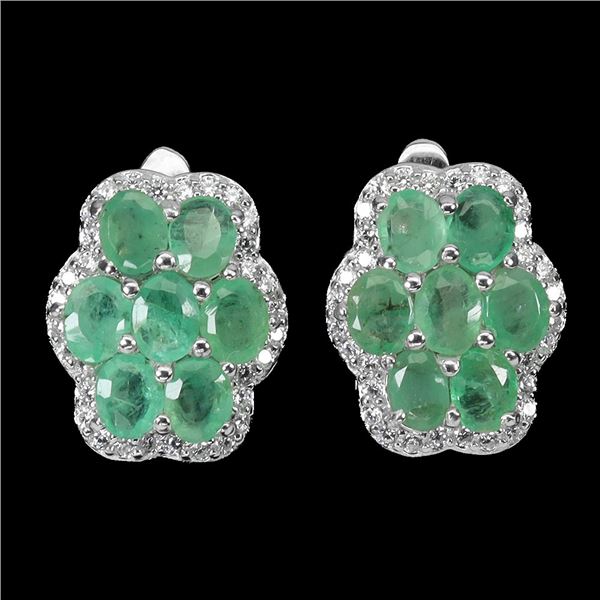 EMERALD EAERRINGS IN 14K WHITE PLATED GOLD OVER 925 STERLING SILVER - APPRAISED REPLACEMENT VALUE