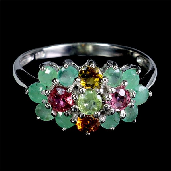 EMERALD AND TOURMALINE RING IN 14K WHITE PLATED GOLD OVER 925 STERLING SILVER - SIZE 7 - APPRAISED R