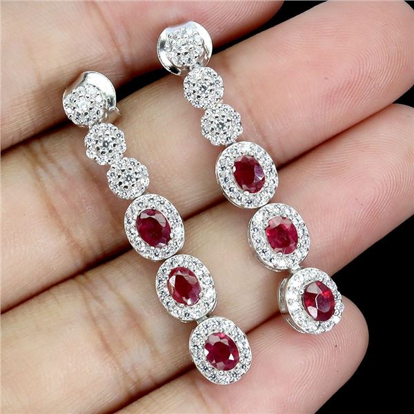 RUBY EARRINGS IN 14K WHITE PLATED GOLD OVER 925 STERLING SILVER - APPRAISED REPLACEMENT VALUE