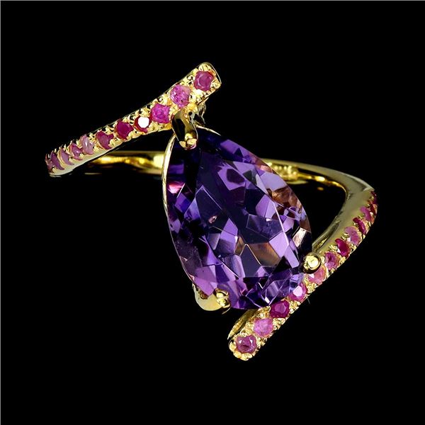 AMETHYST AND RUBY RING IN 14K YELLOW PLATED GOLD OVER 925 STERLING SILVER -SIZE 7 - APPRAISED REPLAC