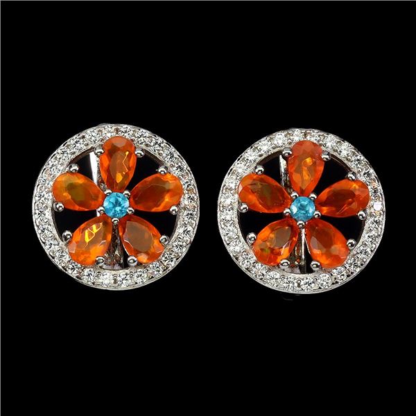 ORANGE FIRE OPAL AND TOPAZ EARRINGS IN 14K WHITE PLATED GOLD OVER 925 STERLING SILVER - APPRAISED RE