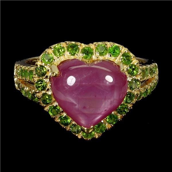 HEART SHAPED RUBY AND CHROME DIOPSIDE RING IN 14K YELLOW PLATED GOLD OVER 925 STERLING SILVER -SIZE 