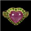 Image 1 : HEART SHAPED RUBY AND CHROME DIOPSIDE RING IN 14K YELLOW PLATED GOLD OVER 925 STERLING SILVER -SIZE 