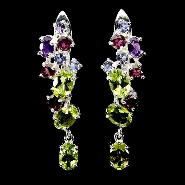 PERIDOT, AMETHYST, TANZANITE AND GARNET EARRINGS IN 14K WHITE PLATED GOLD OVER 925 STERLING SILVER -