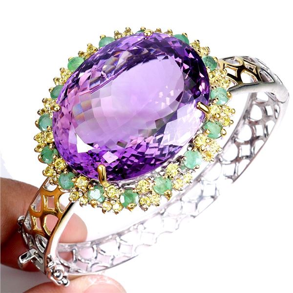 UNIQUE HIGH VALUE AMETHYST, EMERALD AND SAPPHIRE BANGLE IN 14K WHITE PLATED GOLD OVER 925 STERLING S