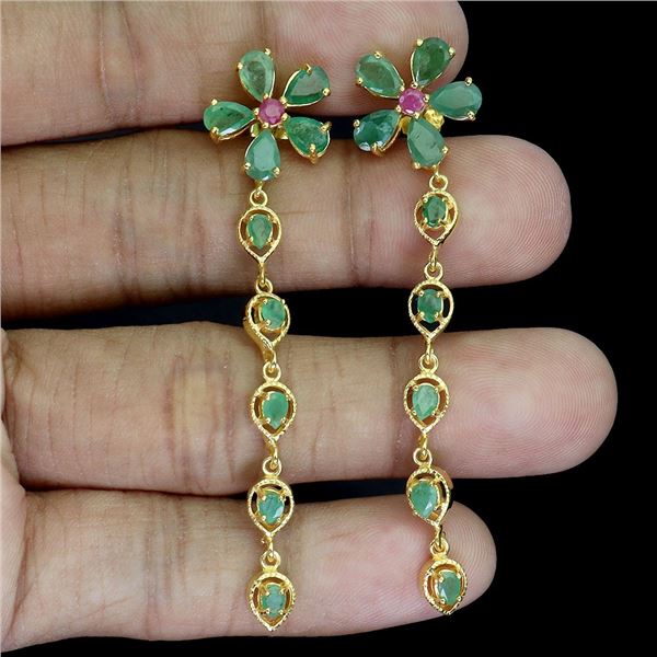 EMERALD AND RUBY EARRINGS IN 14K YELLOW PLATED GOLD OVER 925 STERLING SILVER - APPRAISED REPLACEMENT
