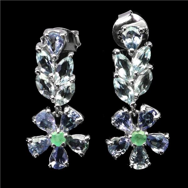 SKY BLUE TOPAZ, TANZANITE AND RUBY EARRINGS IN 14K WHITE PLATED GOLD OVER 925 STERLING SILVER - APPR