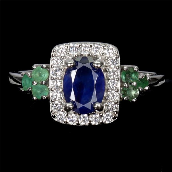 BLUE SAPPHIRE AND EMERALD RING IN 14K WHITE PLATED GOLD OVER 925 STERLING SILVER - SIZE 7 - APPRAISE