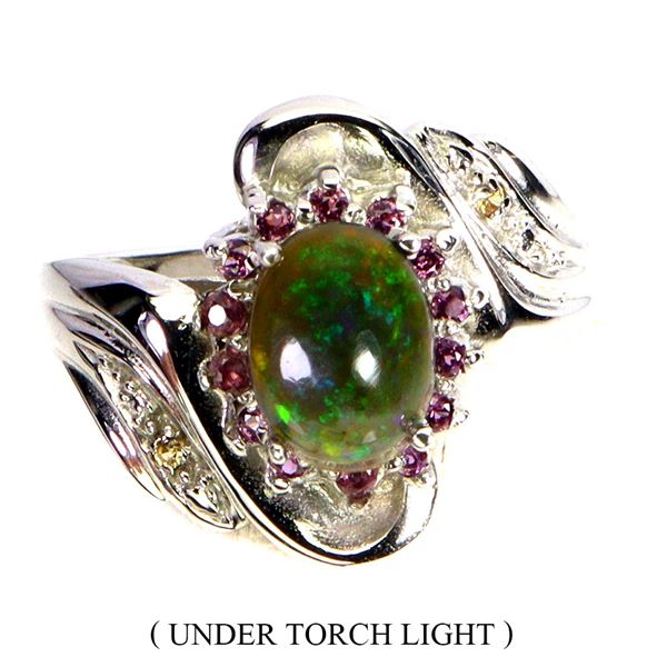 BLACK OPAL AND SAPPHIRE RING IN 14K WHITE PLATED GOLD OVER 925 STERLING SILVER - SIZE 7 - APPRAISED 