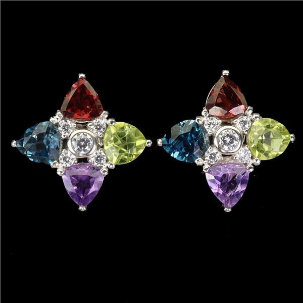 TRILLIANT CUT AMETHYST, PERIDOT, GARNET ANF TOPAZ EARRINGS IN 14K WHITE PLATED GOLD OVER 925 STERLIN