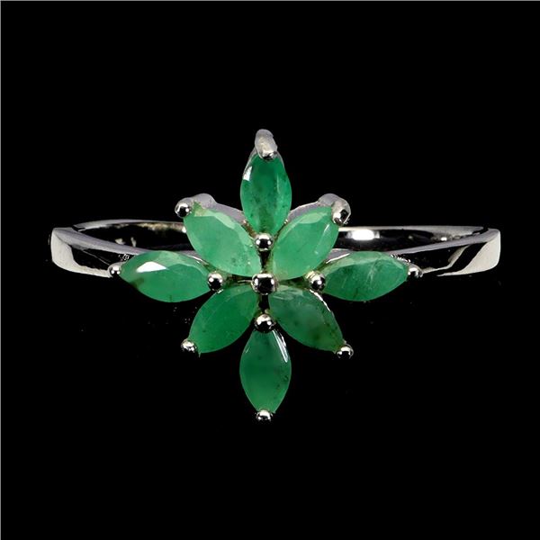 MARQUISE CUT EMERALD RING IN 14K WHITE PLATED GOLD OVER 925 STERLING SILVER - SIZE 8 - APPRAISED REP
