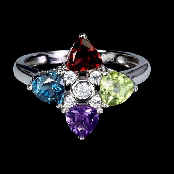 TRILLIANT CUT AMETHYST, PERIDOT, GARNET ANF TOPAZ RING IN 14K WHITE PLATED GOLD OVER 925 STERLING SI