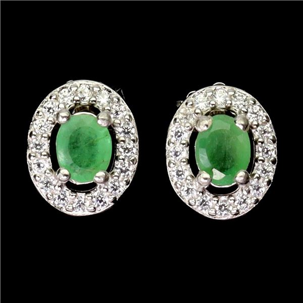 EMERALD EARRINGS IN 14K WHITE PLATED GOLD OVER 925 STERLING SILVER - APPRAISED REPLACEMENT VALUE