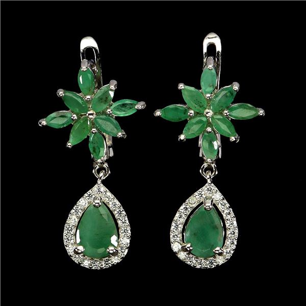 EMERALD EARRINGS IN 14K WHITE PLATED GOLD OVER 925 STERLING SILVER - APPRAISED REPLACEMENT VALUE