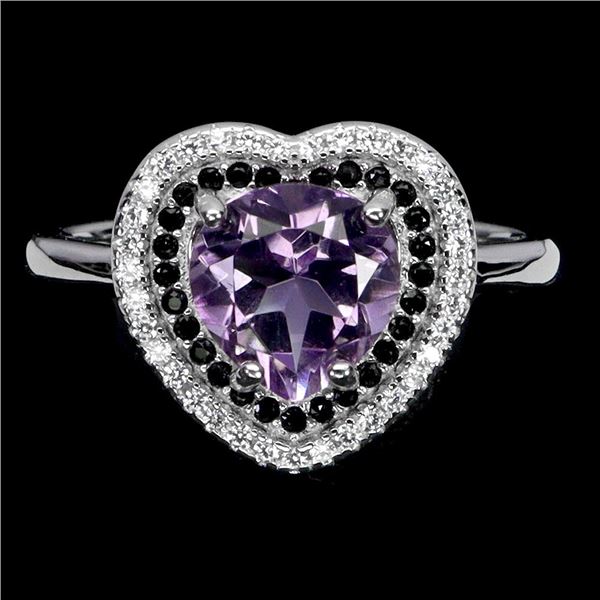 HEART SHAPED AMETHYST AND BLACK SPINEL RING IN 14K WHITE PLATED GOLD OVER 925 STERLING SILVER - SIZE