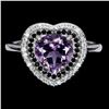 Image 1 : HEART SHAPED AMETHYST AND BLACK SPINEL RING IN 14K WHITE PLATED GOLD OVER 925 STERLING SILVER - SIZE