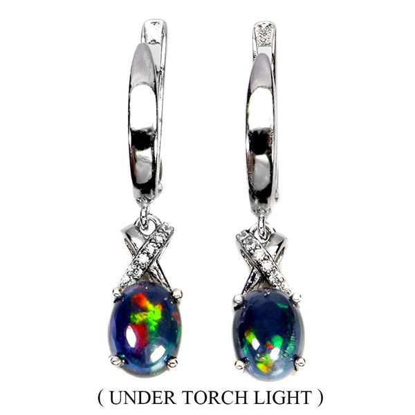 BLACK OPAL EARRINGS IN 14K WHITE PLATED GOLD OVER 925 STERLING SILVER - APPRAISED REPLACEMENT VALUE