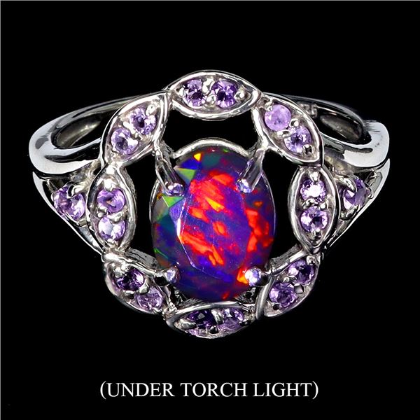 BLACK OPAL AND AMETHYST RING IN 14K WHITE PLATED GOLD OVER 925 STERLING SILVER - SIZE 8 - APPRAISED 
