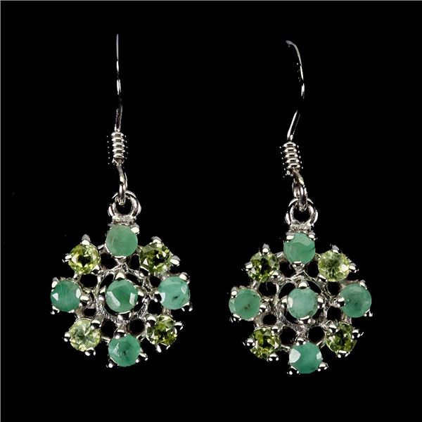 EMERALD AND PERIDOT EARRINGS IN 14K WHITE PLATED GOLD OVER 925 STERLING SILVER - APPRAISED REPLACEME