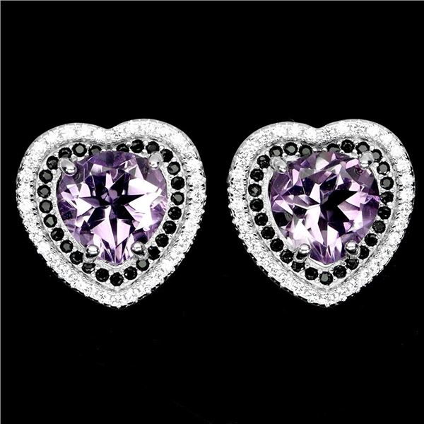 HEART SHAPED AMETHYST AND BLACK SPINEL EARRINGS IN 14K WHITE PLATED GOLD OVER 925 STERLING SILVER - 