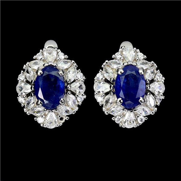 BLUE SAPPHIRE EARRINGS IN 14K WHITE PLATED GOLD OVER 925 STERLING SILVER - APPRAISED REPLACEMENT VAL