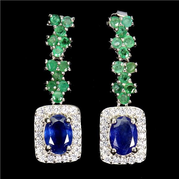 BLUE SAPPHIRE AND EMERALD EARRINGS IN 14K WHITE PLATED GOLD OVER 925 STERLING SILVER - APPRAISED REP