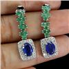 Image 2 : BLUE SAPPHIRE AND EMERALD EARRINGS IN 14K WHITE PLATED GOLD OVER 925 STERLING SILVER - APPRAISED REP