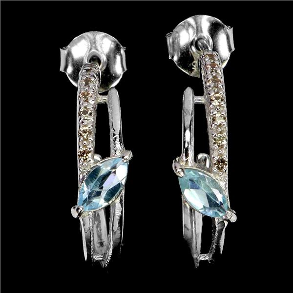 SKY BLUE TOPAZ AND SAPPHIRE EARRINGS IN 14K WHITE PLATED GOLD OVER 925 STERLING SILVER - APPRAISED R