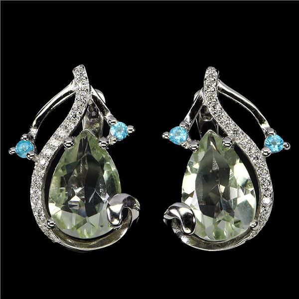 PRASIOLITE (GREEN AMETHYST) AND APATITE EARRINGS IN 14K WHITE PLATED GOLD OVER 925 STERLING SILVER -